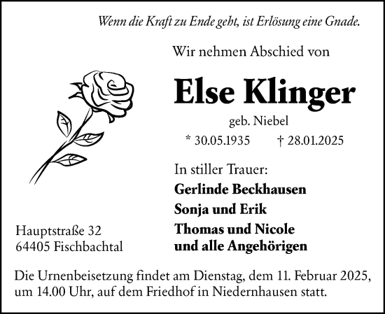 Traueranzeige von Else Klinger von Darmstädter Echo