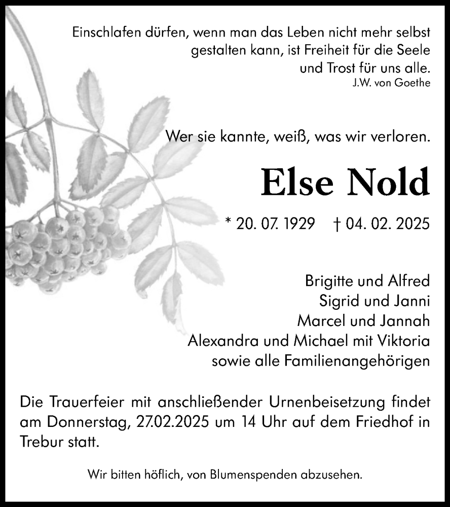  Traueranzeige für Else Nold vom 15.02.2025 aus Rüsselsheimer Echo