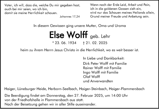 Traueranzeige von Else Wolff von Dill Block