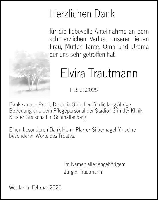 Traueranzeige von Elvira Trautmann von Wetzlarer Neue Zeitung
