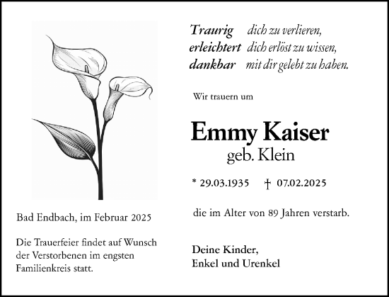 Traueranzeige von Emmy Kaiser von Hinterländer Anzeiger