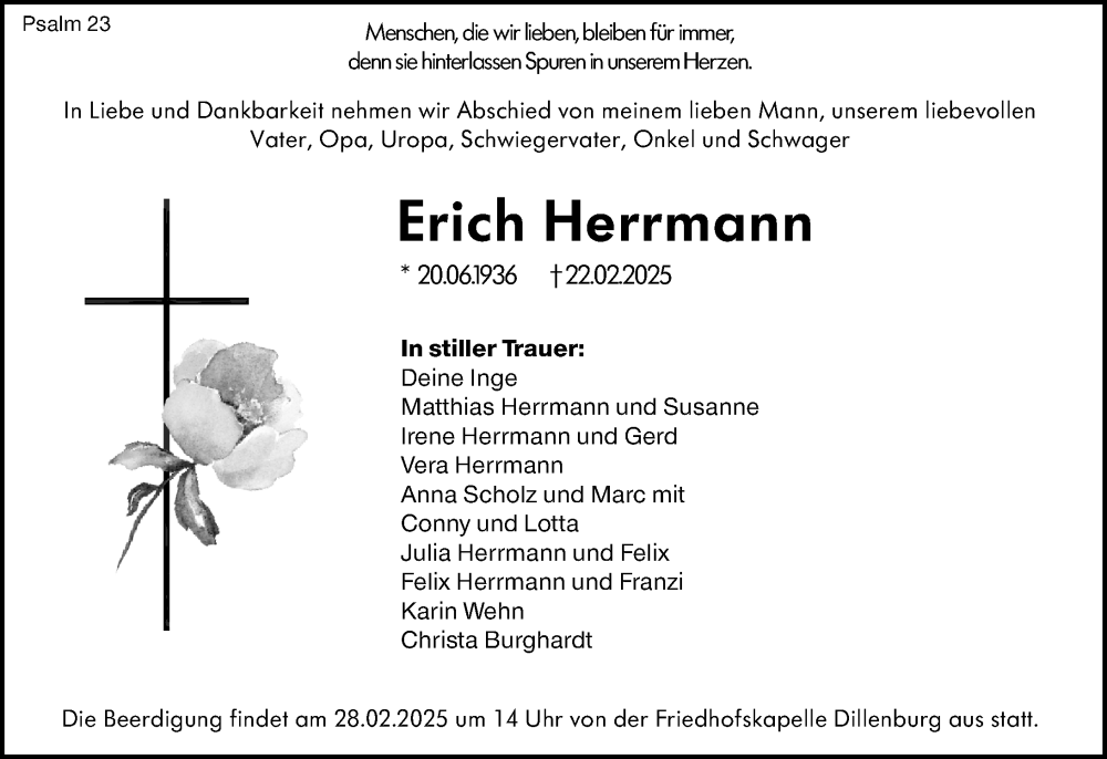  Traueranzeige für Erich Herrmann vom 27.02.2025 aus Dill Block