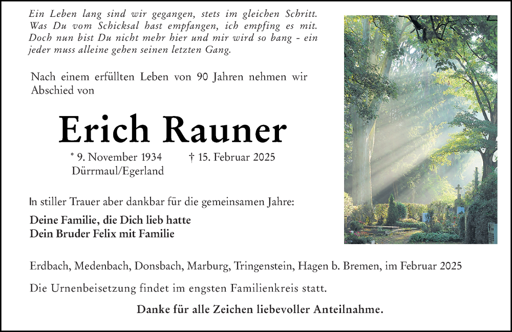  Traueranzeige für Erich Rauner vom 18.02.2025 aus Dill Block