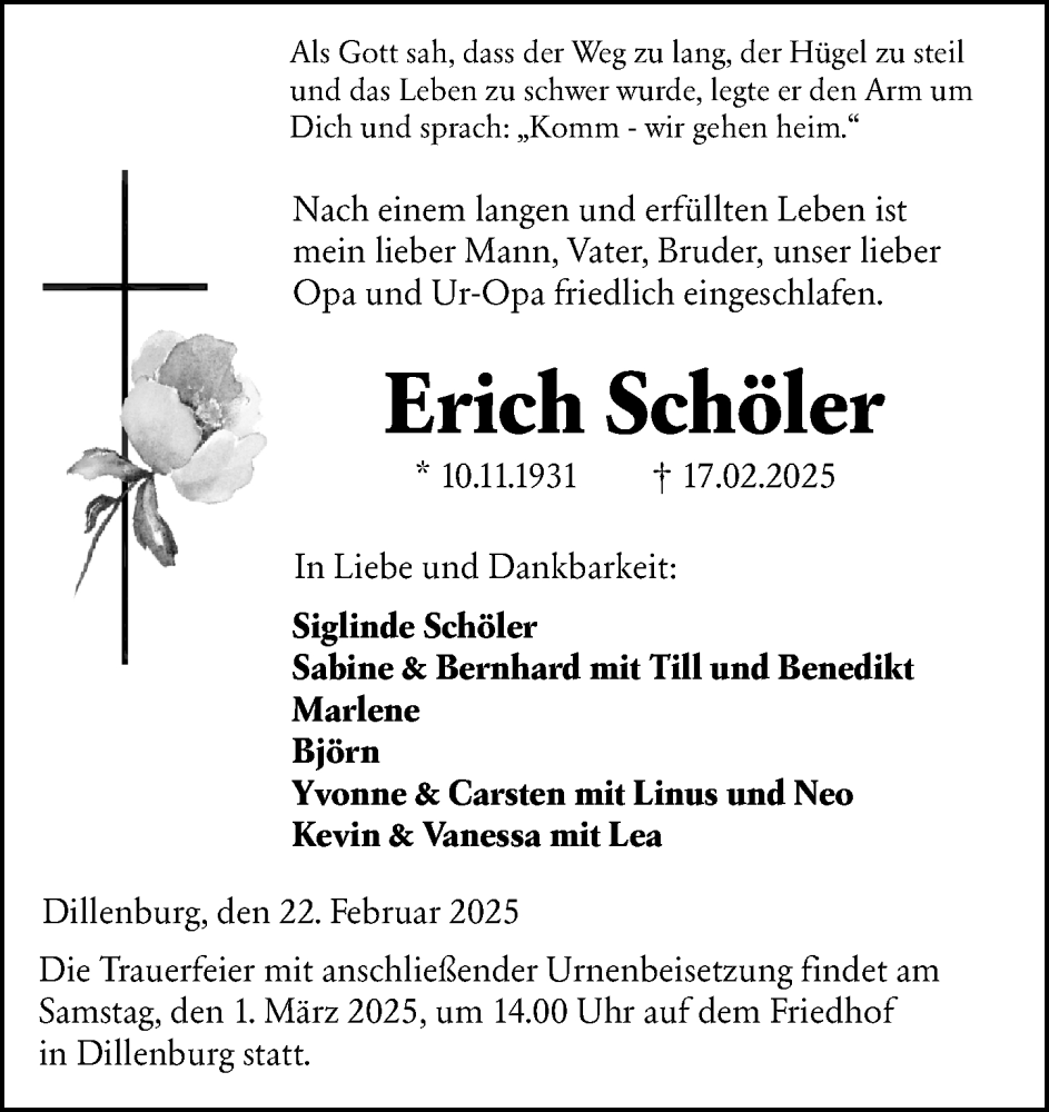  Traueranzeige für Erich Schöler vom 22.02.2025 aus Dill Block