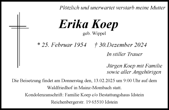 Traueranzeige von Erika Koep von Allgemeine Zeitung Rheinhessen-Nahe
