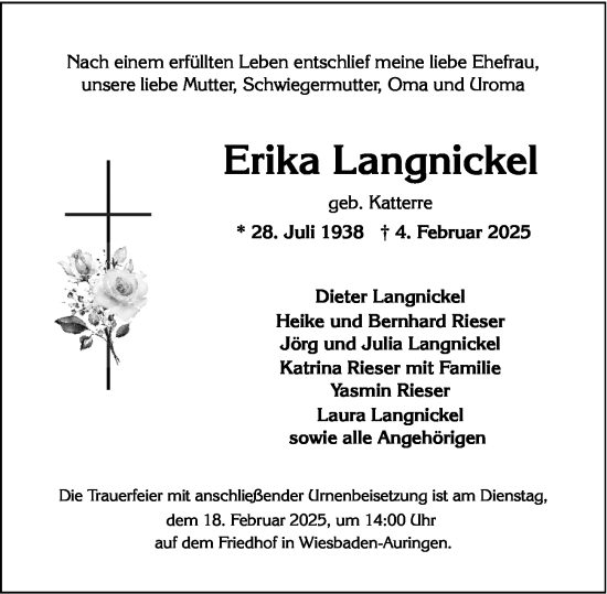 Traueranzeige von Erika Langnickel von Wiesbadener Kurier