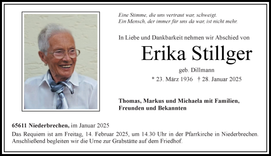 Traueranzeige von Erika Stillger von Nassauische Neue Presse