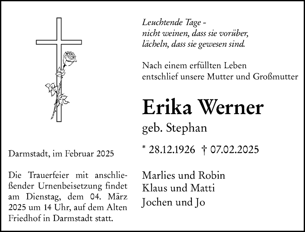  Traueranzeige für Erika Werner vom 15.02.2025 aus Odenwälder Echo