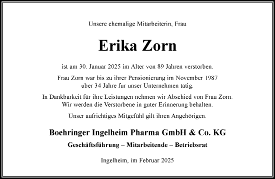 Traueranzeige von Erika Zorn von Allgemeine Zeitung Rheinhessen-Nahe