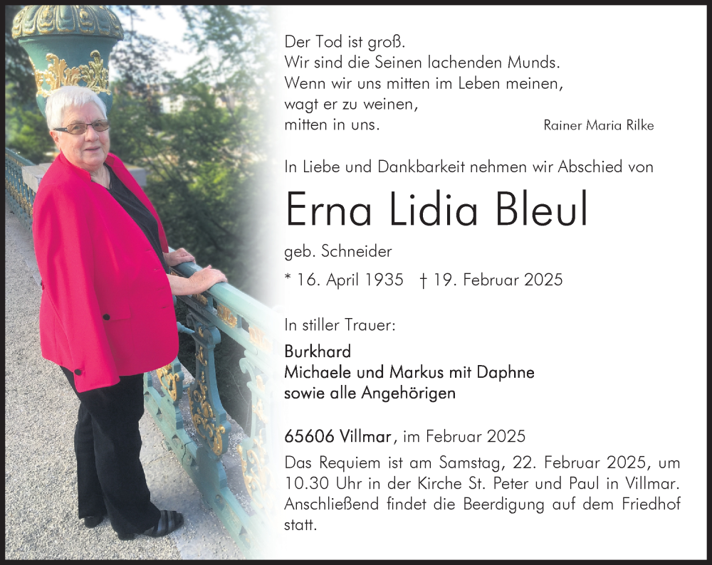  Traueranzeige für Erna Lidia Bleul vom 21.02.2025 aus Weilburger Tageblatt