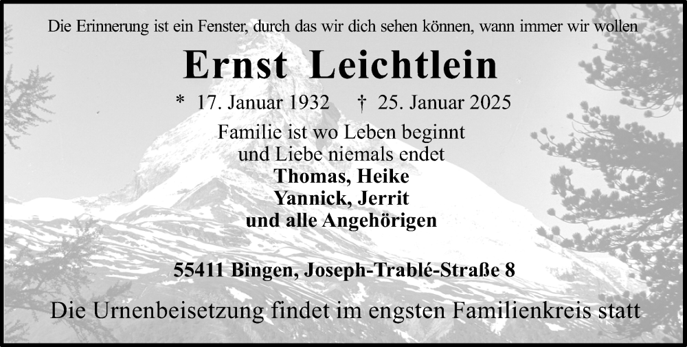  Traueranzeige für Ernst Leichtlein vom 08.02.2025 aus Allgemeine Zeitung Rheinhessen-Nahe
