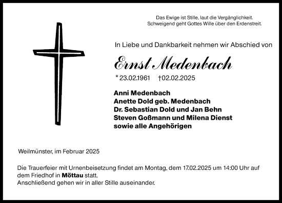 Traueranzeige von Ernst Medenbach von Weilburger Tageblatt