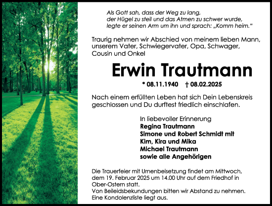 Traueranzeige von Erwin Trautmann von Odenwälder Echo