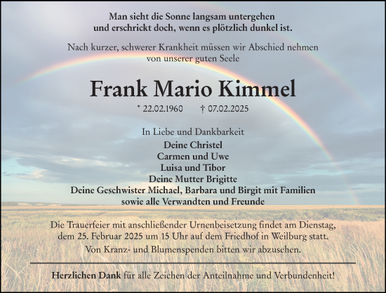 Traueranzeige von Frank Mario Kimmel von Weilburger Tageblatt