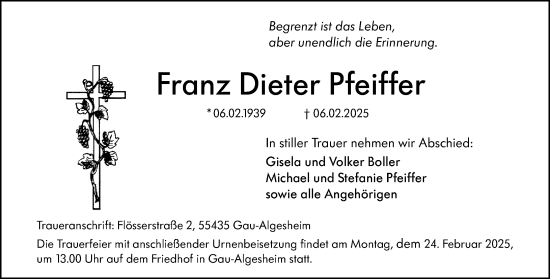 Traueranzeige von Franz Dieter Pfeiffer von Allgemeine Zeitung Rheinhessen-Nahe