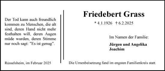 Traueranzeige von Friedebert Grass von Rüsselsheimer Echo