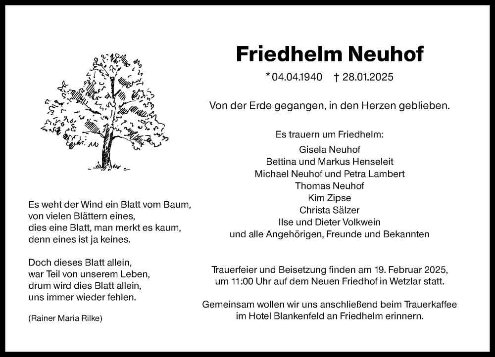  Traueranzeige für Friedhelm Neuhof vom 08.02.2025 aus Wetzlarer Neue Zeitung