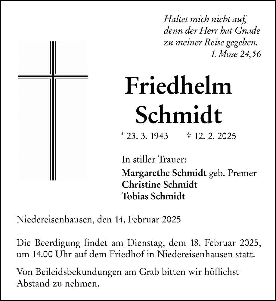  Traueranzeige für Friedhelm Schmidt vom 14.02.2025 aus Hinterländer Anzeiger