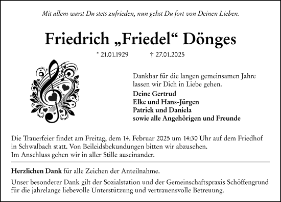 Traueranzeige von Friedrich Dönges von Wetzlarer Neue Zeitung