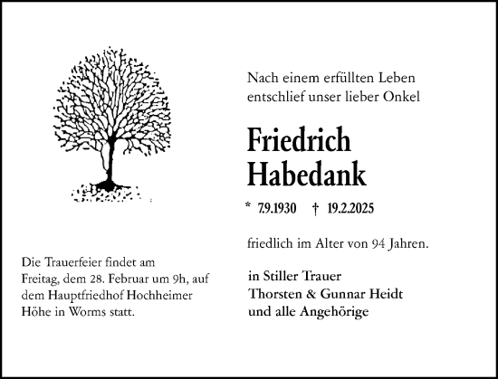 Traueranzeige von Friedrich Habedank von Wormser Zeitung
