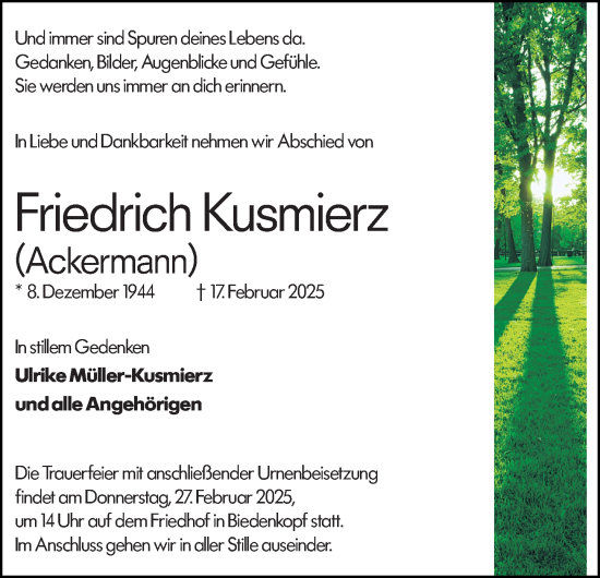 Traueranzeige von Friedrich Kusmierz von Hinterländer Anzeiger