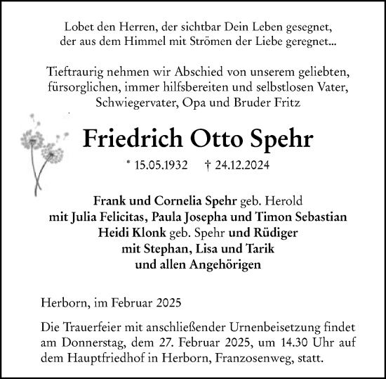 Traueranzeige von Friedrich Otto Spehr von Dill Block