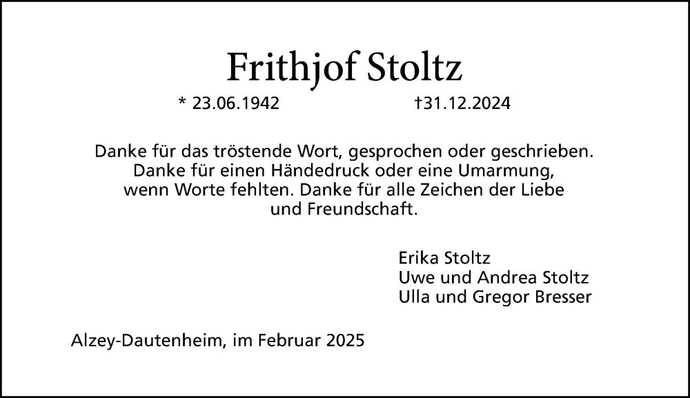  Traueranzeige für Frithjof Stoltz vom 22.02.2025 aus Allgemeine Zeitung Alzey