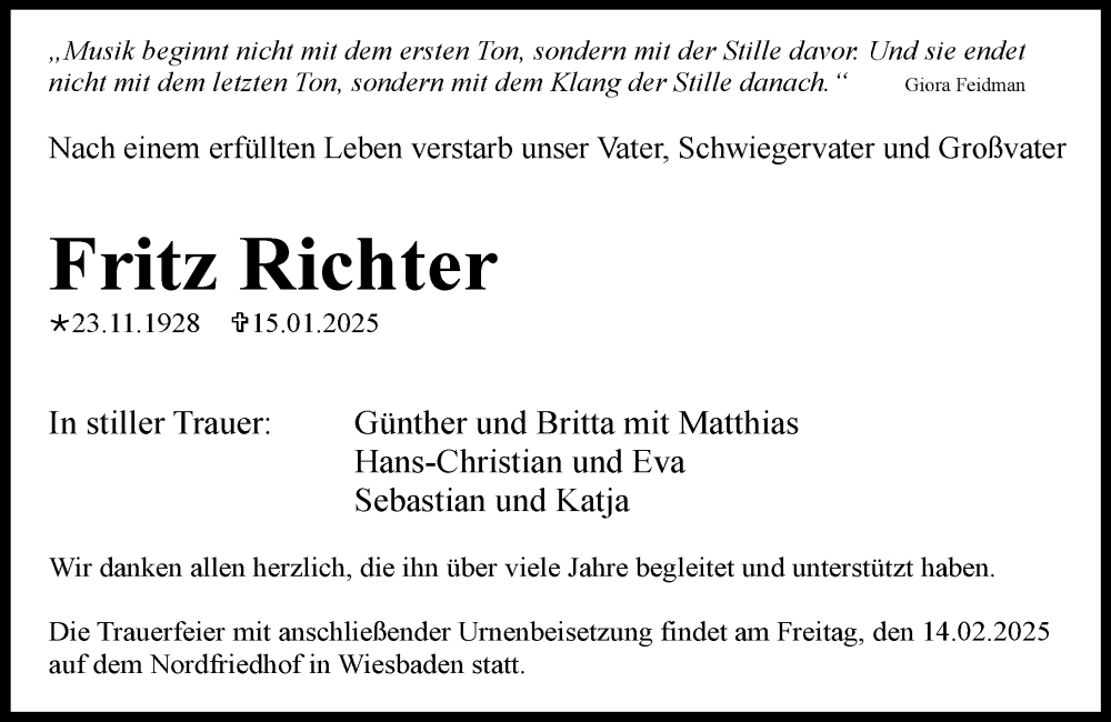  Traueranzeige für Fritz Richter vom 08.02.2025 aus Wiesbadener Kurier