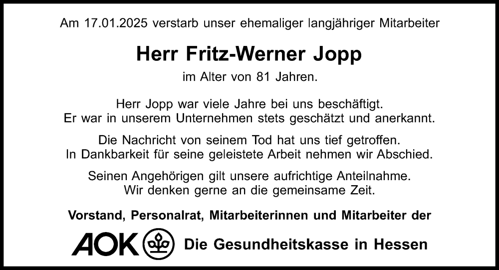  Traueranzeige für Fritz-Werner Jopp vom 22.02.2025 aus Weilburger Tageblatt