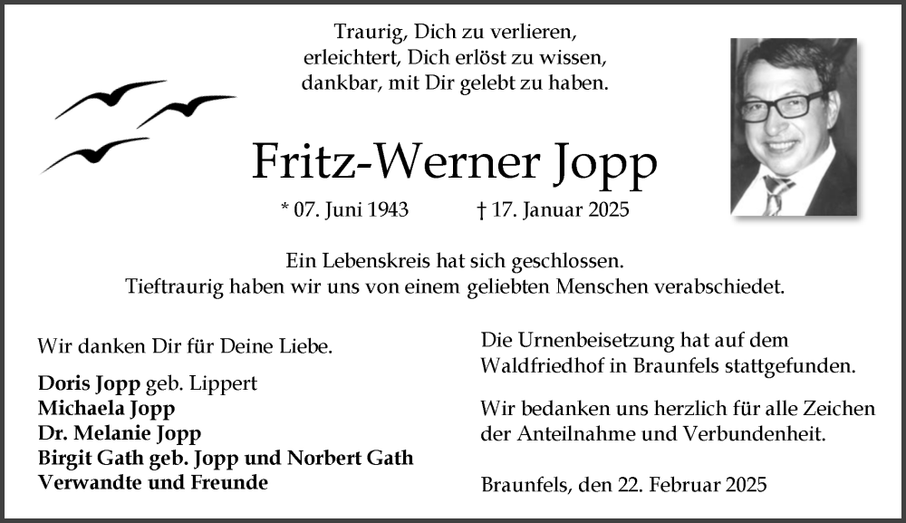  Traueranzeige für Fritz-Werner Jopp vom 22.02.2025 aus Wetzlarer Neue Zeitung