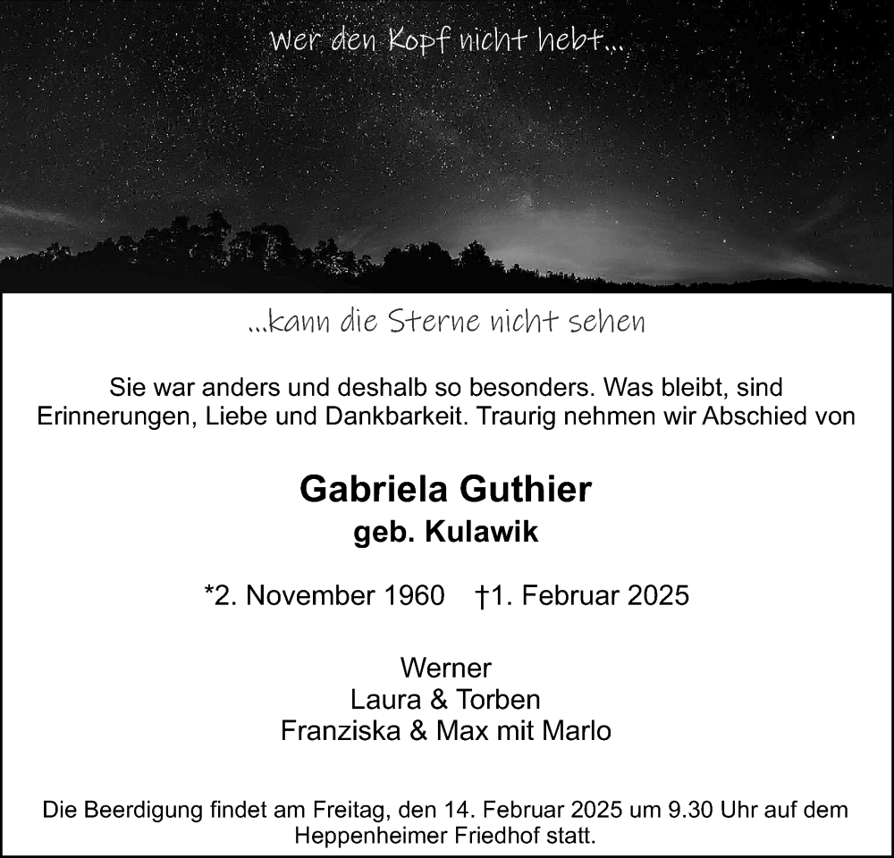  Traueranzeige für Gabriela Guthier vom 08.02.2025 aus Starkenburger Echo