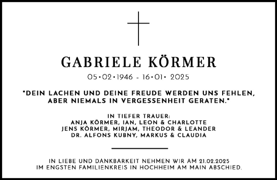 Traueranzeige von Gabriele Körmer von Hochheimer Zeitung