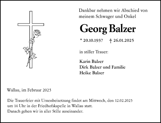 Traueranzeige von Georg Balzer von Hinterländer Anzeiger