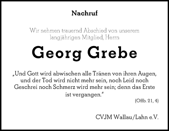 Traueranzeige von Georg Grebe von Hinterländer Anzeiger