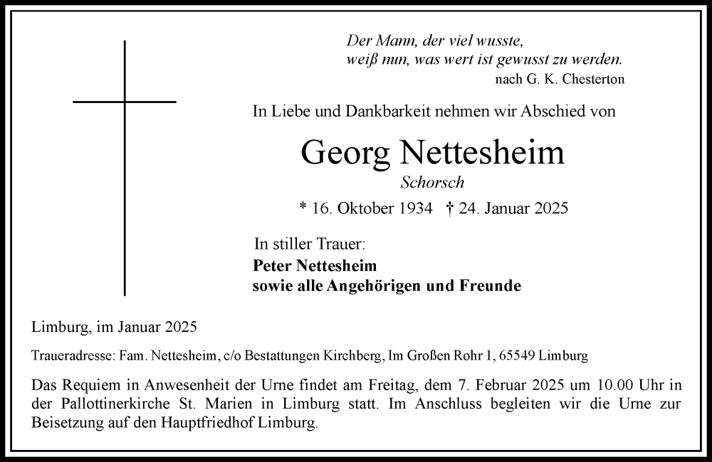  Traueranzeige für Georg Nettesheim vom 01.02.2025 aus Nassauische Neue Presse