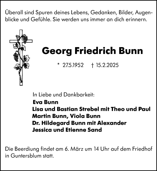 Traueranzeige von Georg Friedrich Bunn von Allgemeine Zeitung Mainz
