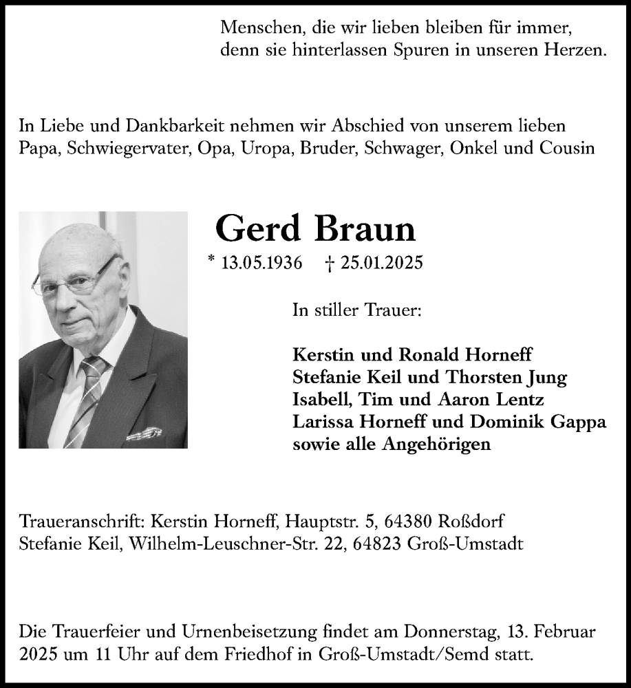  Traueranzeige für Gerd Braun vom 08.02.2025 aus Darmstädter Echo