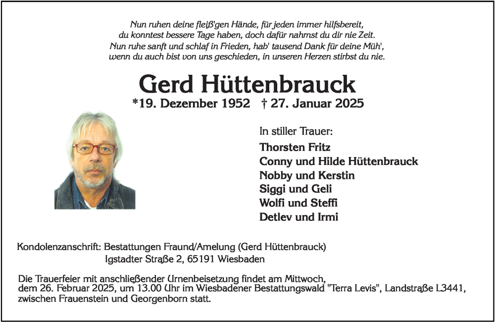  Traueranzeige für Gerd Hüttenbrauck vom 15.02.2025 aus Wiesbadener Kurier