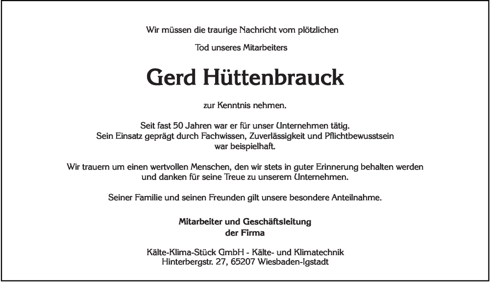  Traueranzeige für Gerd Hüttenbrauck vom 15.02.2025 aus Wiesbadener Kurier