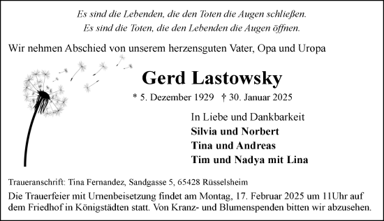Traueranzeige von Gerd Lastowsky von Rüsselsheimer Echo