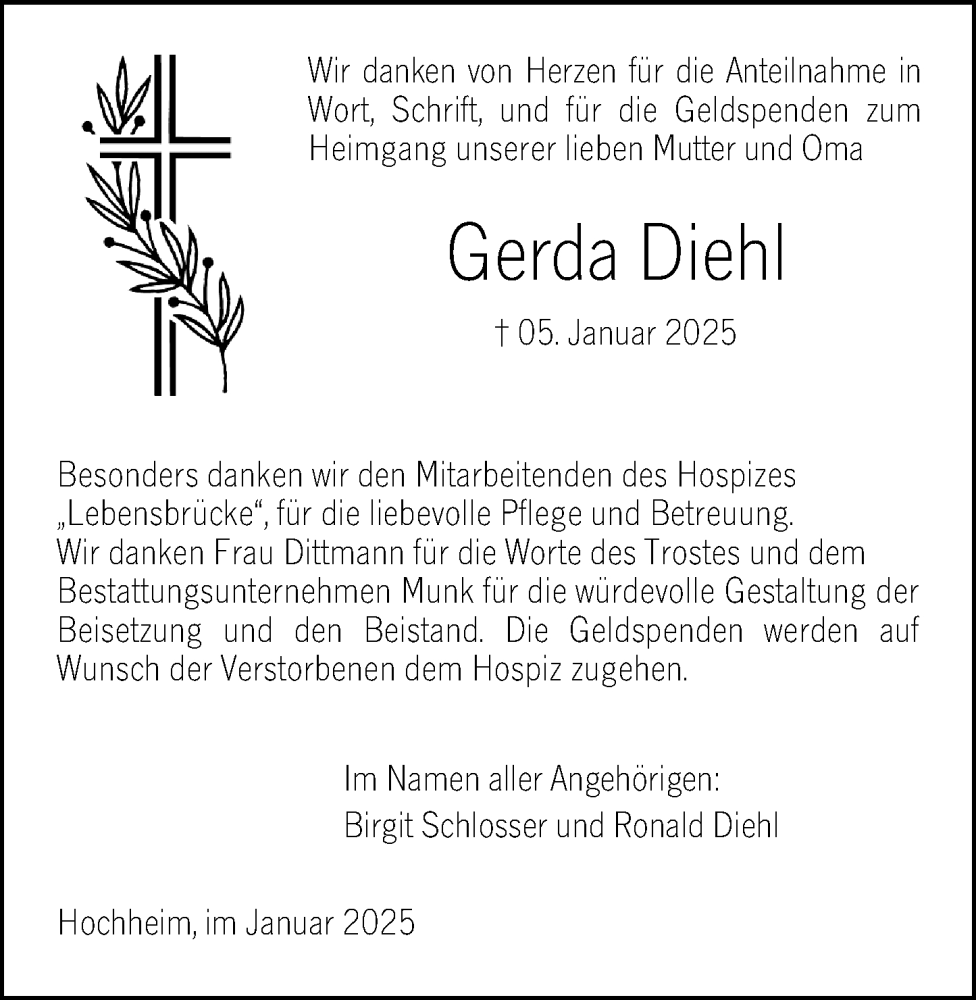  Traueranzeige für Gerda Diehl vom 07.02.2025 aus Hochheimer Zeitung