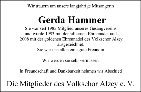 Traueranzeige von Gerda Hammer von Allgemeine Zeitung Alzey