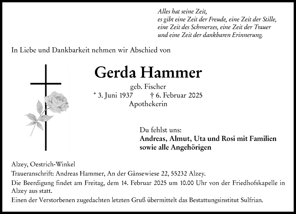  Traueranzeige für Gerda Hammer vom 08.02.2025 aus Allgemeine Zeitung Alzey