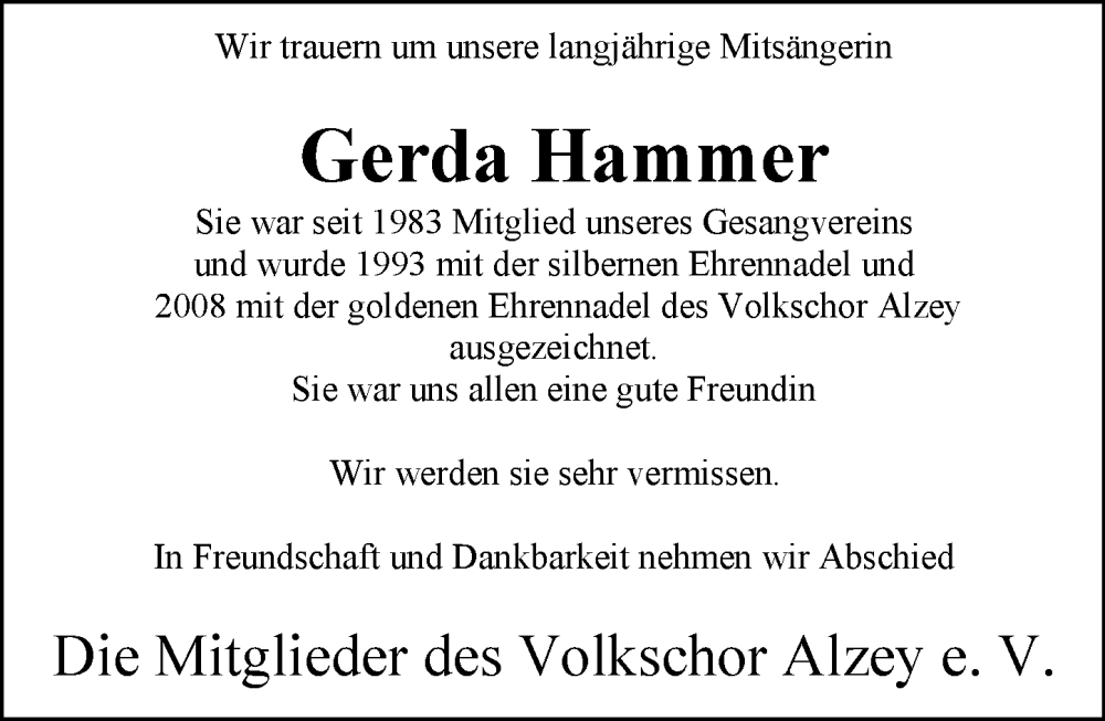  Traueranzeige für Gerda Hammer vom 13.02.2025 aus Allgemeine Zeitung Alzey