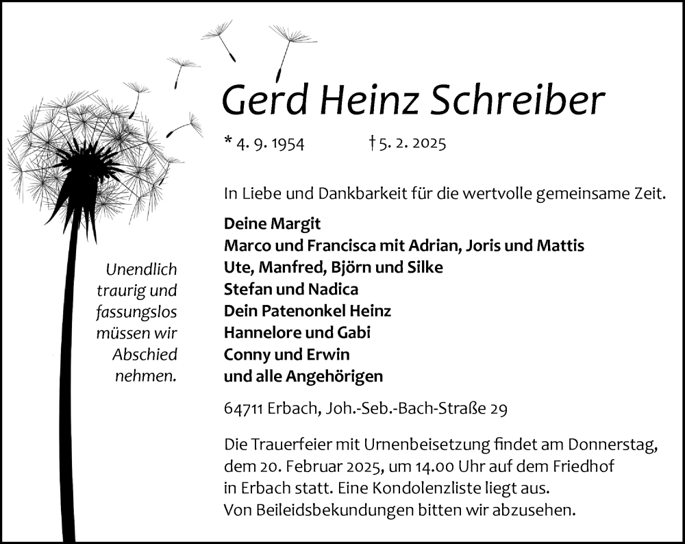  Traueranzeige für Gerd Heinz Schreiber vom 15.02.2025 aus Odenwälder Echo