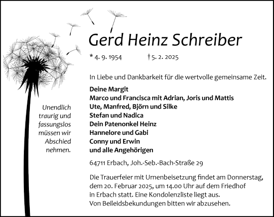 Traueranzeige von Gerd Heinz Schreiber von Odenwälder Echo