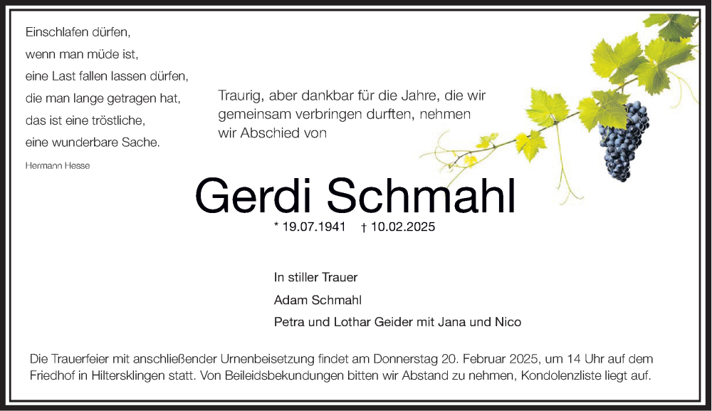  Traueranzeige für Gerdi Schmahl vom 15.02.2025 aus Odenwälder Echo