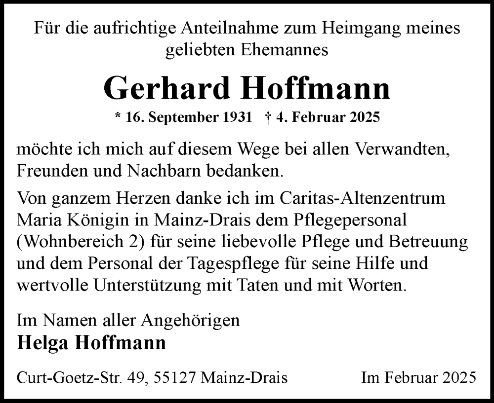  Traueranzeige für Gerhard Hoffmann vom 22.02.2025 aus Allgemeine Zeitung Mainz