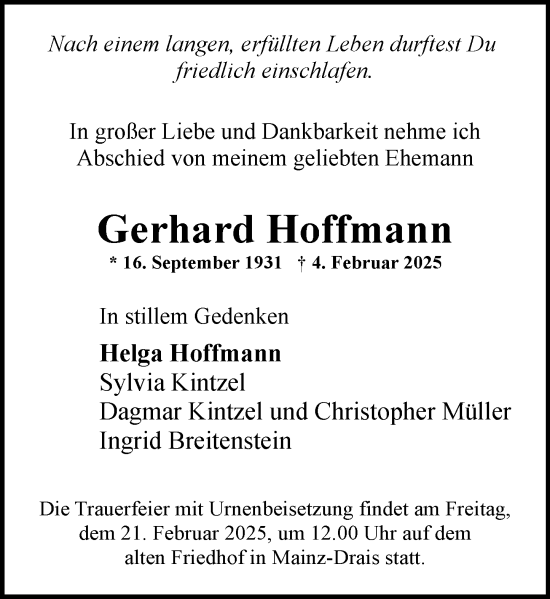 Traueranzeige von Gerhard Hoffmann von Allgemeine Zeitung Mainz