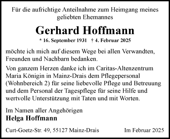 Traueranzeige von Gerhard Hoffmann von Allgemeine Zeitung Mainz